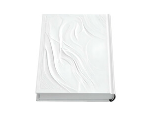 White book with textured cover, standing vertically on black background