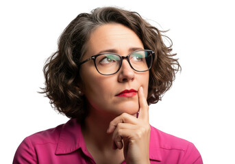 Pensive woman with glasses isolated on transparent background is thinking deeply
