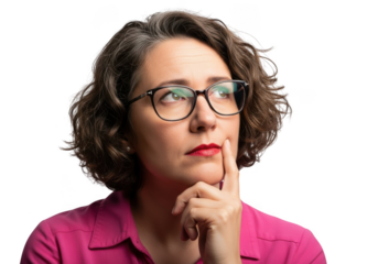 Pensive woman with glasses isolated on transparent background is thinking deeply
