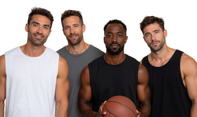 Group of athletic men holding a basketball, standing together isolated on transparent background
