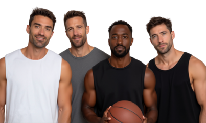 Group of athletic men holding a basketball, standing together isolated on transparent background