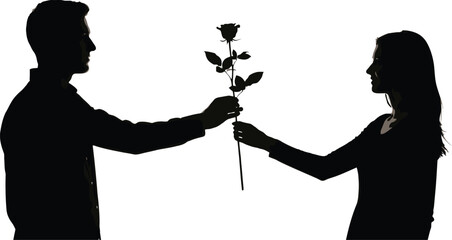 Silhouette of a man giving a single red rose to a woman, romantic gesture, isolated on white background