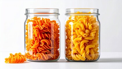 Two glass jars filled with uncooked spiral pasta, orange and yellow, against white