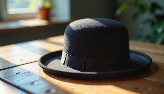 Jewish kippah in black and dark blue on wooden table symbol of faith
