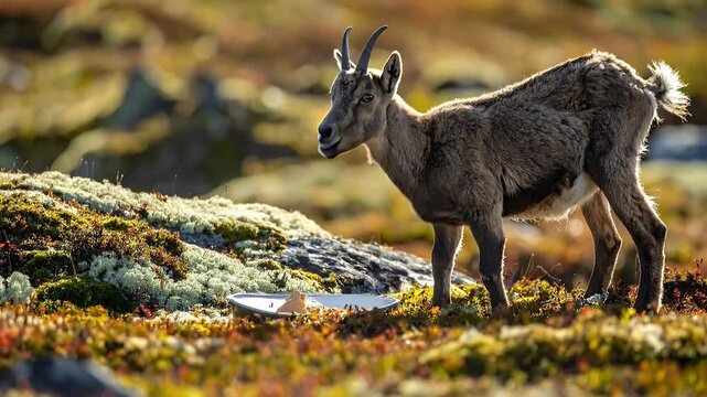 A majestic ibex grazes peacefully in a vibrant, sunlit mountain meadow.