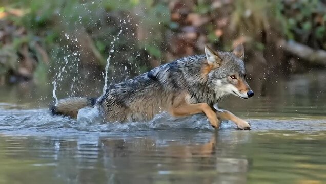 A captivating wolf gracefully navigating a tranquil river, showcasing natural beauty.