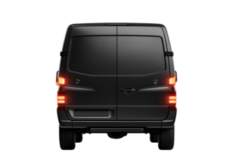 Rear View of Black Delivery Van mockup against a transparent background with Illuminated Taillights