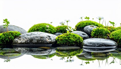 Zen-like scene smooth stones, vibrant moss, tiny flowers, clear reflection against white