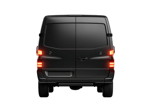 Rear View of Black Delivery Van mockup against a transparent background with Illuminated Taillights