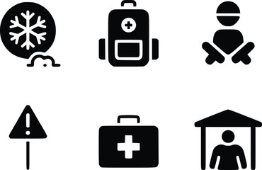 Set of simple black icons depicting safety weather and emergency elements