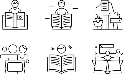 Line art illustrations depicting various scenes of reading and education