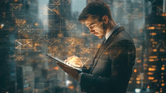 Exploring email marketing strategies amid a modern urban backdrop with a business professional engaged with technology at dusk