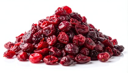 A pile of dried, plump red berries against a clean white backdrop