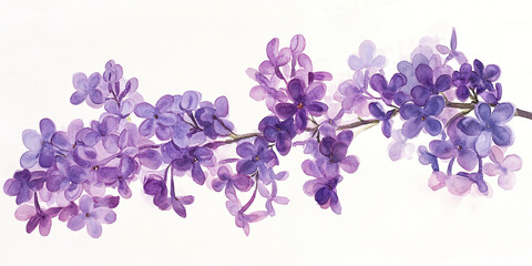 Cluster of lilac flowers in soft purple hues with delicate petals and lush green stems, creating fragrant and elegant floral arrangement with gentle watercolor effect