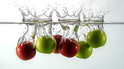 The lively plunge of vibrant red and green apples into refreshing water studio clarity