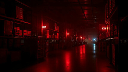 A long dark warehouse aisle under crimson emergency exit lights reflecting urgency on its