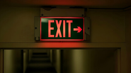 Red glowing EXIT sign above a dark hallway providing emergency escape route direction
