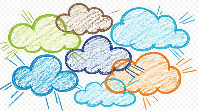 A joyful cluster of colorful hand drawn crayon clouds inspiring imagination rendered with