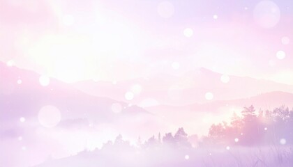 Pastel landscape with mountains and trees in dreamy, soft lighting with bokeh effects