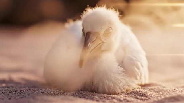 Delicate white feathered baby bird nestled peacefully on the sandy shore