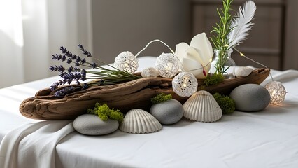 Coastal inspired centerpiece with driftwood, seashells, smooth grey stones, moss, lavender, magnolia bloom, feather, rosemary, and glowing string lights on soft white linen, creating a warm, serene be