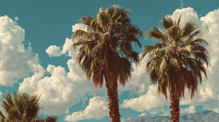 Palm trees sway gently under a vibrant blue sky with fluffy clouds, creating a tropical oasis. The scene exudes a sense of tranquility and natural beauty.