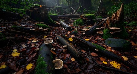 Obraz premium Fallen trees and mushrooms on the forest floor viewed from a low angle in a dense woodland