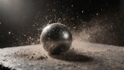 Metal sphere exploding in dust cloud on dark background.