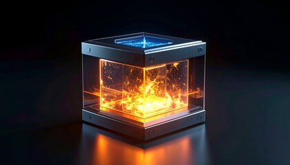 Glowing energy cube contained in metal frame against dark background
