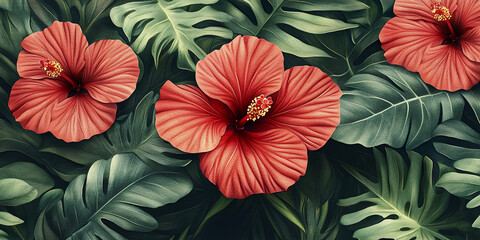 Fototapeta premium Vibrant red hibiscus flower with lush green tropical leaves surrounding it, creating fresh and exotic natural atmosphere full of life and color