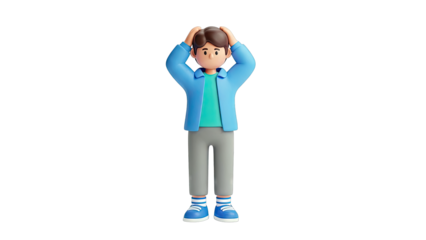 3D cartoon boy holding head in frustration