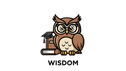 Wise Owl Wearing Glasses Next to Books and Graduation Cap.