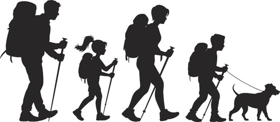 Obraz premium Hiking family silhouette illustration with parents children backpacks trekking poles dog outdoor adventure walking isolated black vector for adobe stock