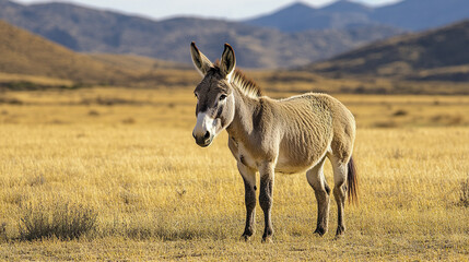 Obraz premium Dejected donkey with droopy ear and forlorn expression stands alone in dry grassland with distant mountains under clear sky, evoking sense of solitude and calm