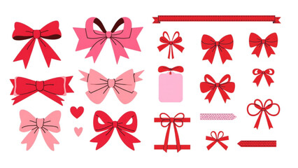 A set of colorful bow icons and ribbons in various styles and shades of red and pink on a white background