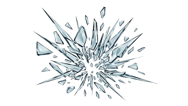 Broken glass shatter explosion, vector sharp ice fragments on white background, 3D splinters. Danger flying crystal piece, destroy windshield smithereens concept. Broken glass realistic clipart
