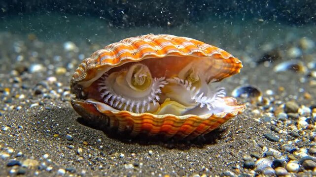 Open Scallop Shell Underwater Reveals Complex Internal Structures with Tentacles and Movement on Sandy Seabed