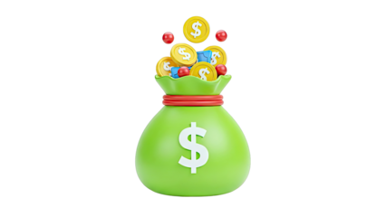3D Green Money Bag Overflowing with Coins and Red Spheres