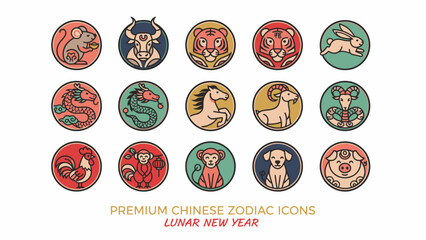 Chinese Zodiac Icons Lunar New Year Symbols.