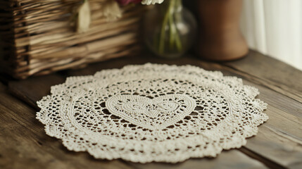 Delicate lace doily with intricate heart cutout design lies on rustic wooden table, creating charming and vintage atmosphere with soft natural light
