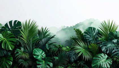 Lush green jungle foliage foregrounds misty hills, with varying textures & vibrant hues