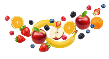 Assorted fruits flying in air 3d, transparent background, cutout png