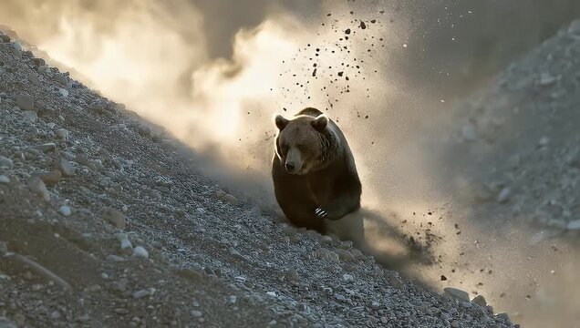 Brown bear descends rocky slope, creating dust cloud, wildlife action scene.