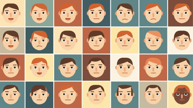 Diverse group of cartoon faces showing various emotions and expressions.