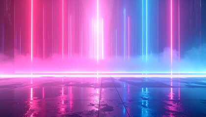 Neon stage with vertical lights in pink and blue, reflective floor, and atmospheric fog