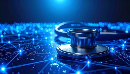 Futuristic depiction of a stethoscope against a glowing digital network