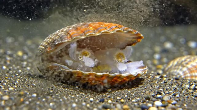Open Scallop Shell Underwater on Sand Revealing Internal Organs and Tentacles Showing Movement and Feeding