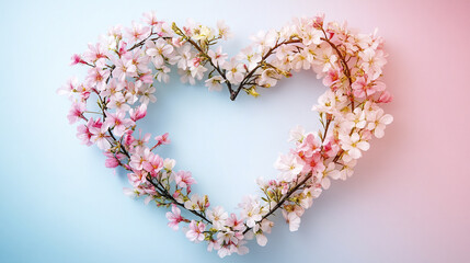 Obraz premium Delicate floral wreath shaped like heart made of pink and white cherry blossoms on soft gradient background, evoking feelings of love and springtime beauty