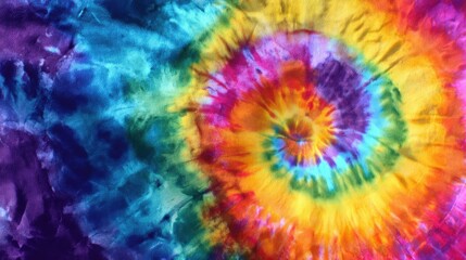 Vibrant and colorful spiral tie-dye pattern on fabric, showcasing a beautiful blend of hues