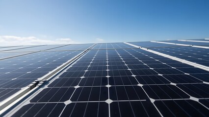Close-up shot of a solar panel array under a clear blue sky, showcasing renewable energy technology and its vast potential